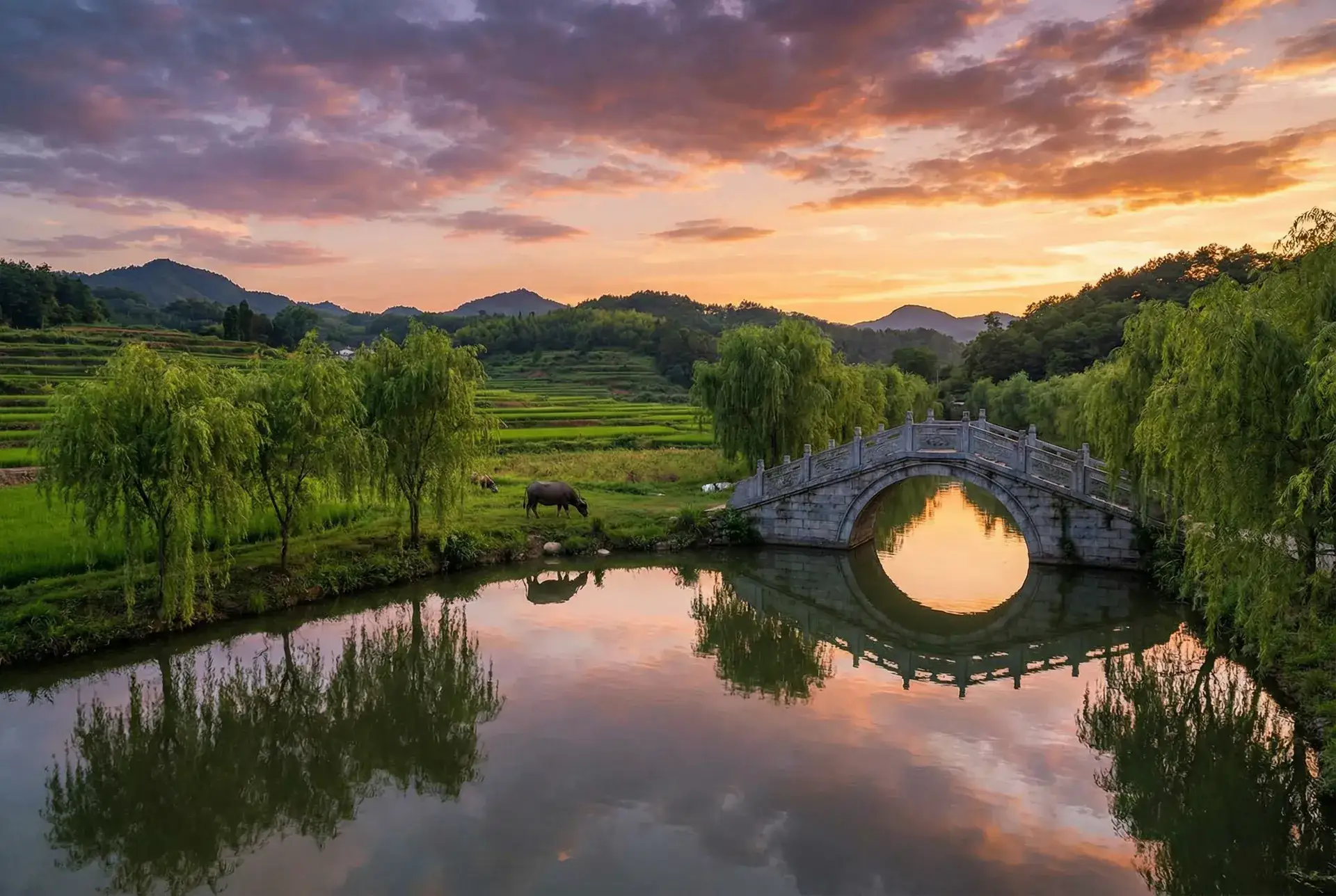 夕阳下的石拱桥与垂柳，水牛在河边吃草 - 屁眼调教 乡村美景